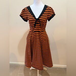 Unique Vintage Orange and Black Striped Midi Flare Dress Size Small